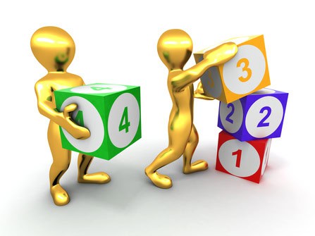 Golden figures stack colorful cubes with numbers in a creative scene.