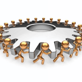 Golden figures in a circle symbolize teamwork and cooperation.