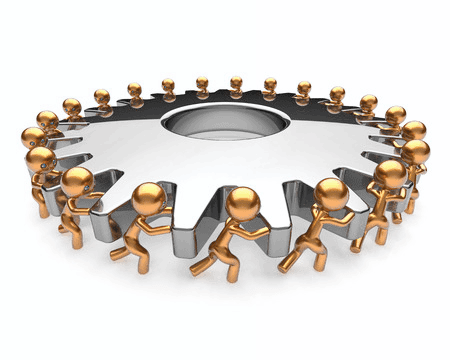 Golden figures in a circle symbolize teamwork and cooperation.