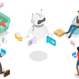 Humans and robots talking about data protection and AI, surrounded by users with laptops and tablets.