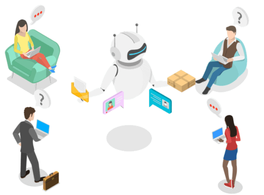 Mensch und Roboter im Gespräch über Datenschutz und KI, umgeben von Nutzern mit Laptops und Tablets.