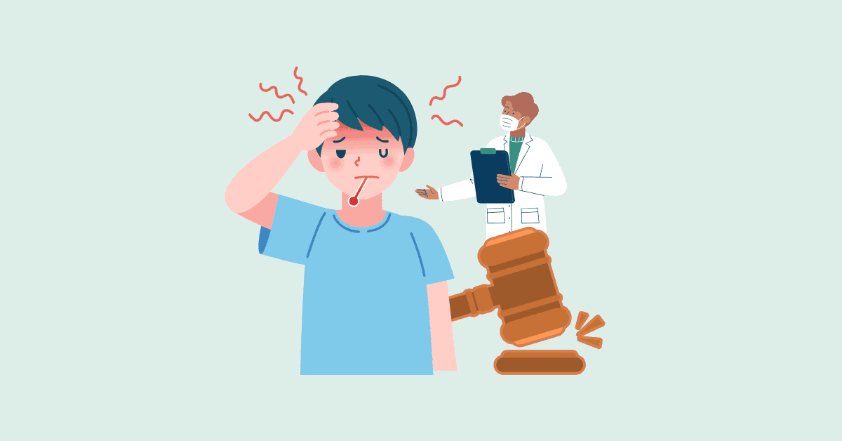 Sick boy with doctor and judge's gavel