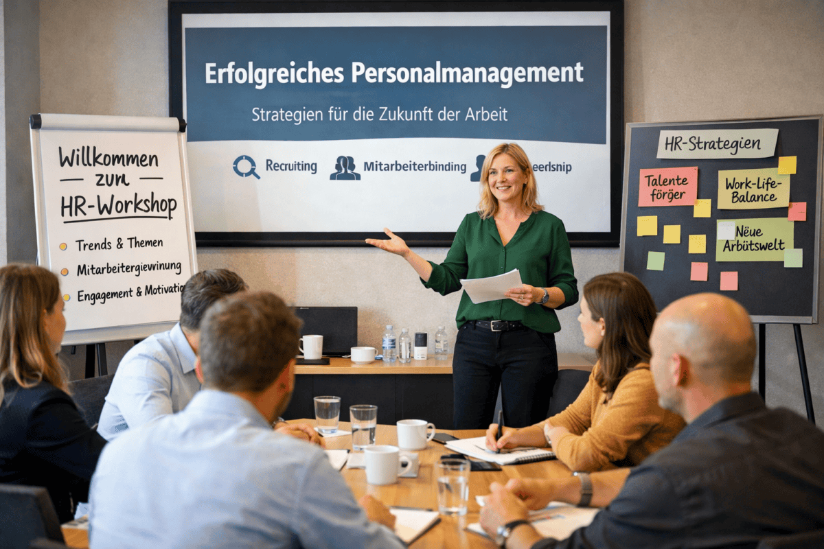 Woman presents HR management strategies at workshop on digitalization and HR strategy.