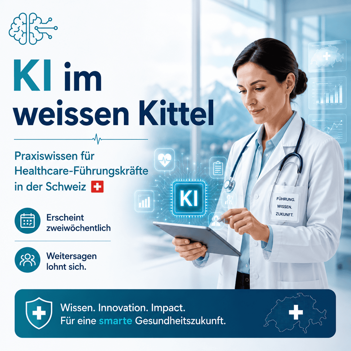 Ärztin mit Tablet und KI-Visualisierung im Spital