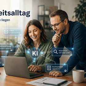 Kollegen nutzen KI am Laptop im Büro