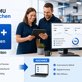 Zwei Personen analysieren digitale Prozessstatistiken im Büro