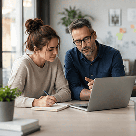 Teamarbeit mit Laptop und kleinem Roboter im Büro