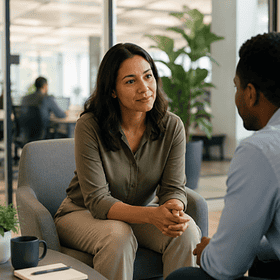 Zwei Personen im Gespräch in modernem Büro